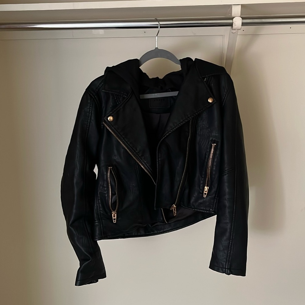 women’s leather jacket with detachable hood